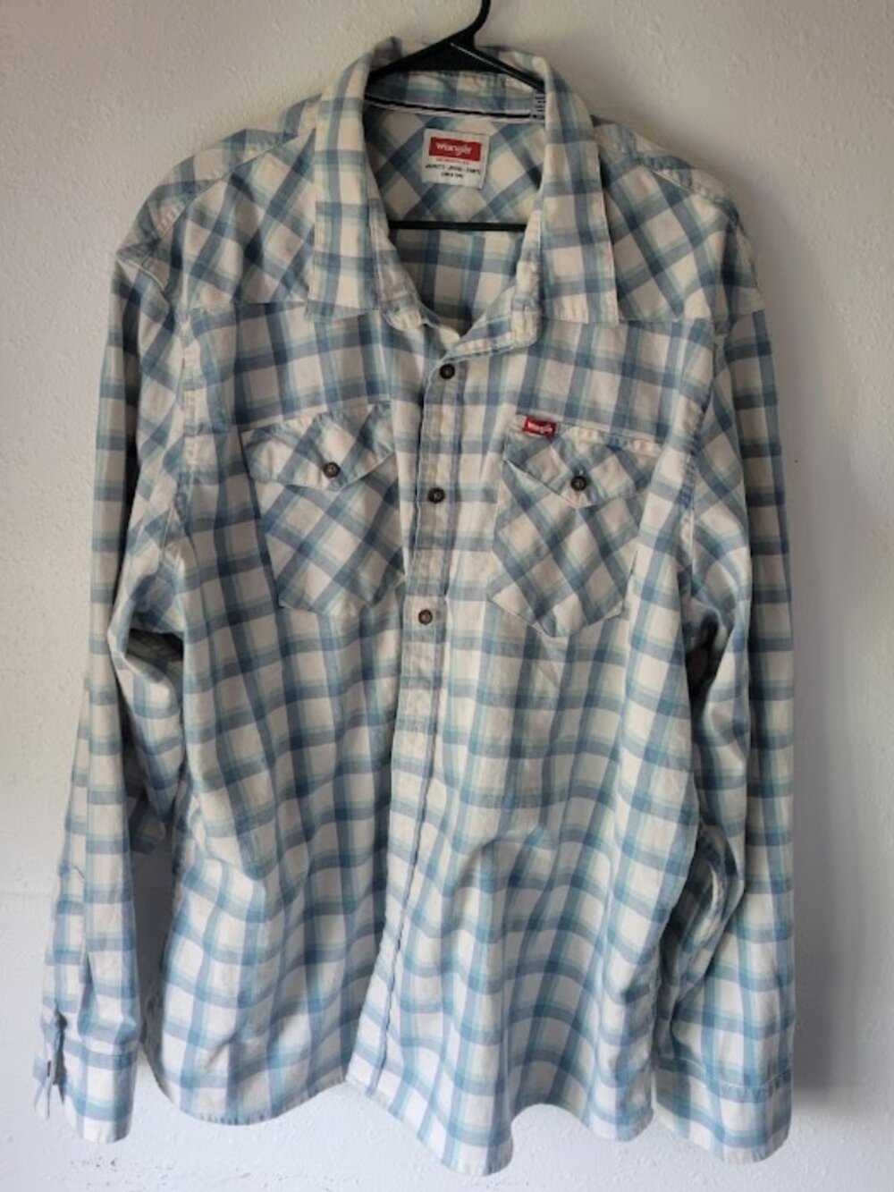 Wrangler Plaid Pearl Snap Shirt Men's 3XL Blue White Western Button Down